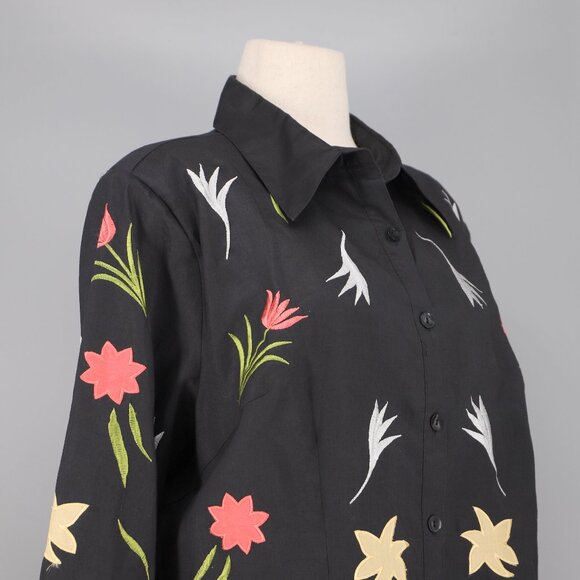 VINTAGE LA REA COLLECTION 100% Linen Botanical Embroidery Shirt Black Size 2X - Picture 3 of 6